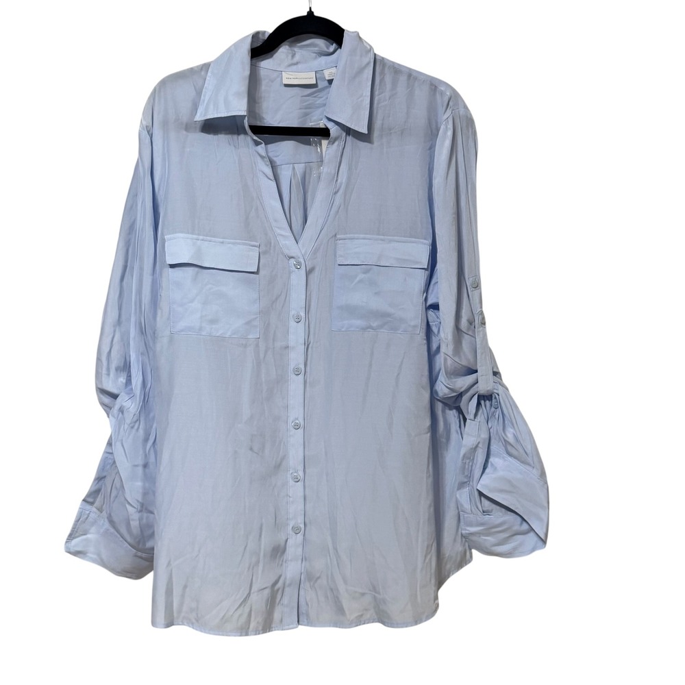 New York & Company Womens XXL Light Blue Roll Tab Sleeve Button Down Shirt Top